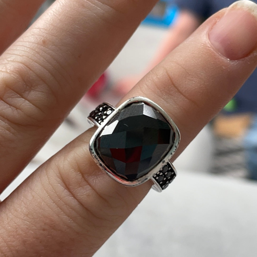 Thomas Sabo Sterling Silver Large Faceted Black Stone Statement Ring Size 51