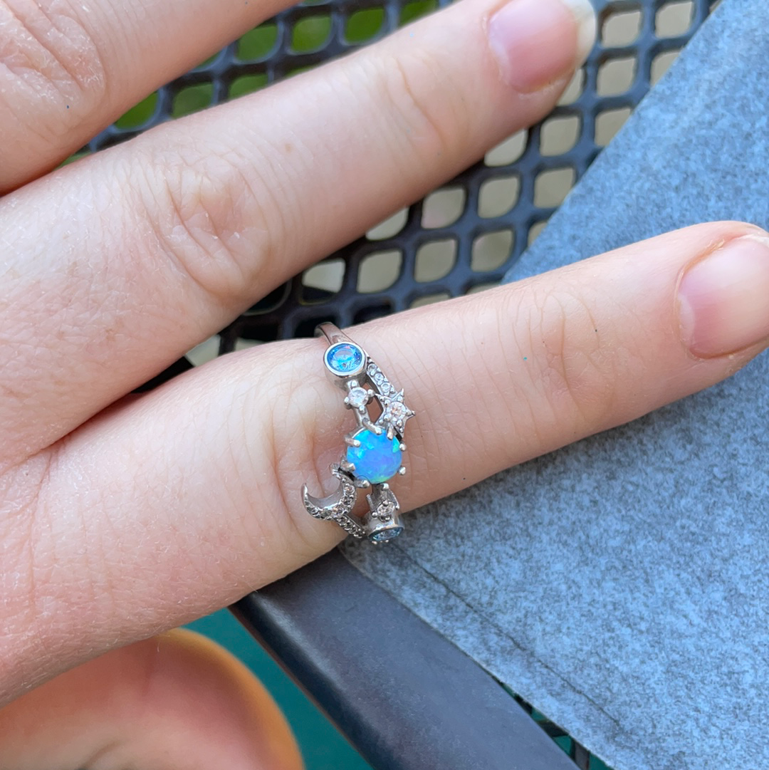 Unbranded But Beautiful Opal Stone Ring With Moon and Star Clear and Blue CZ Size 58