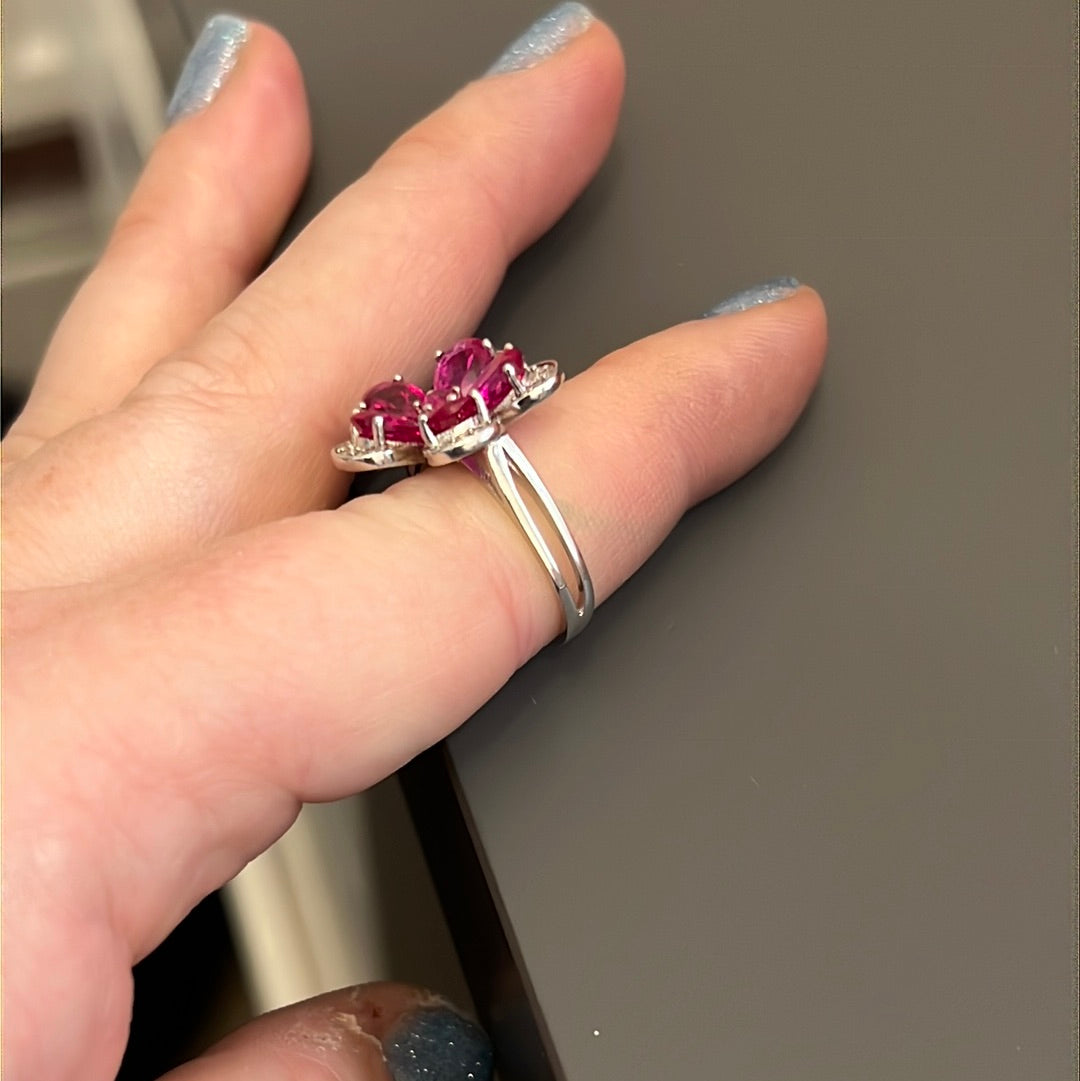 Sterling Silver Pave Clear & Pink Flower Ring Size 52