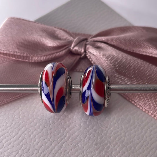 Genuine Pandora Red, Blue, White Swirl Paint UK GB Travel Murano Glass Charm