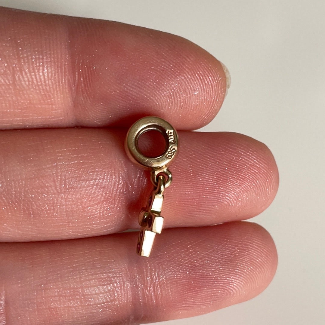 Genuine Pandora Solid 14ct Gold Pink Sapphire Cross Dangle Charm HTF